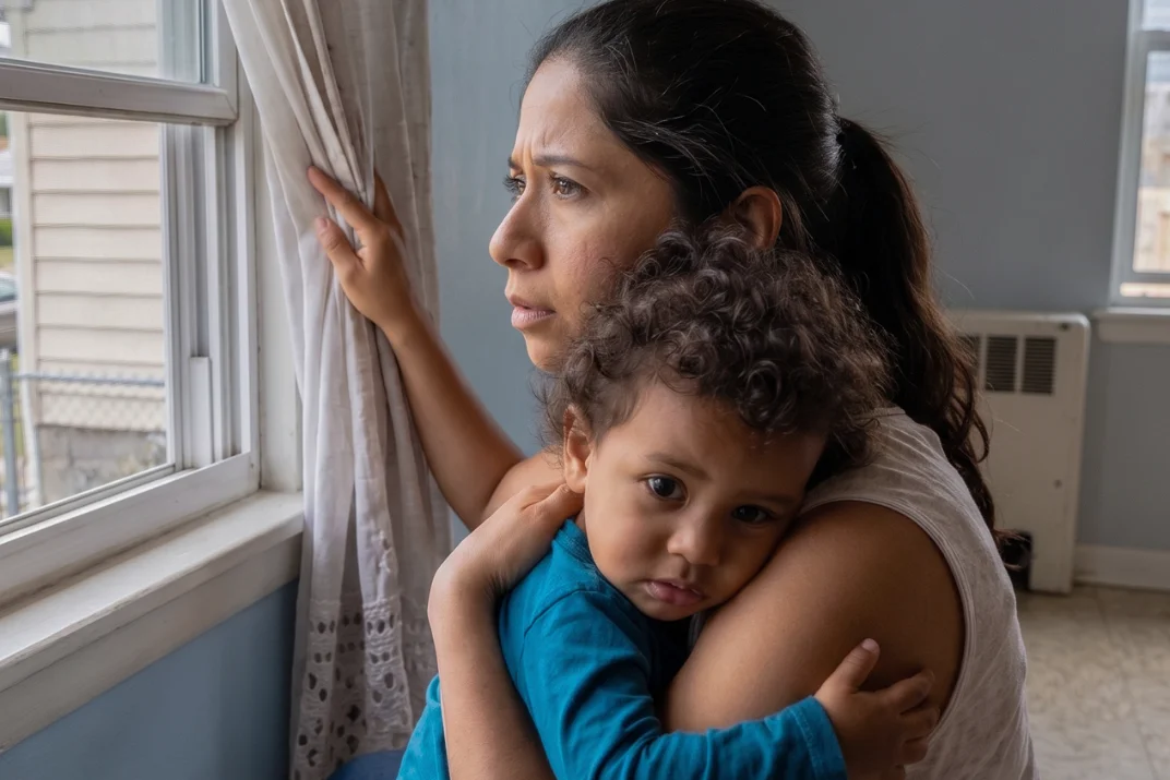 A mother holds her young child while looking through a window.